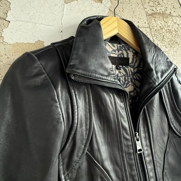 Steve Madden Leather Moto Jacket Black Genuine Leather Full Zip Cafe Racer Small - Picture 4 of 7